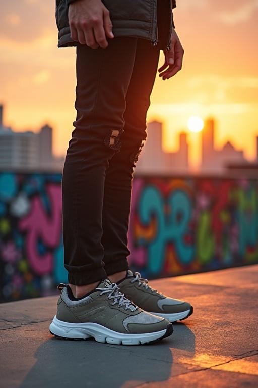 Eco-friendly stylish sneakers displayed on an urban rooftop during sunset. A young person stands confidently wearing the sneakers. The city skyline and colorful graffiti provide a vibrant backdrop. The scene reflects adventure, self-expression, and urban culture with high-resolution detail and cinematic lighting.