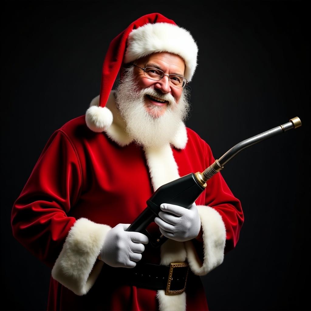 Santa Claus is in a traditional red suit holding a petrol filler. Santa has a jolly expression that reflects warmth and holiday cheer. The background is dark which enhances the lighting effect. The image captures the magic and joy of Christmas.