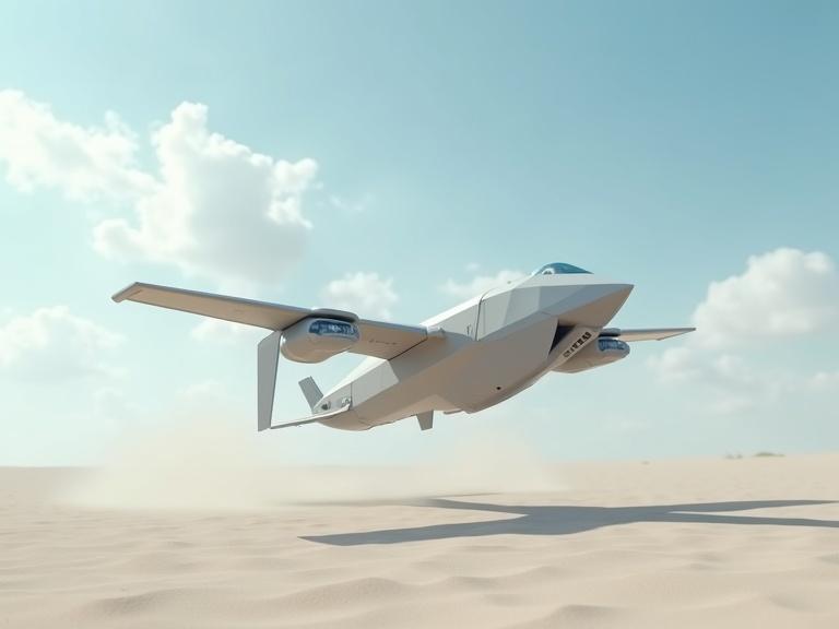 Cinematic image of a small light grey sleek sci-fi military drone. Drone has a polygonal bevel shape and two round Dyson propellers. Scene shows a white desert with dust blowing under a blue sky and clouds. Focus on realism, details, textures, and shadows.