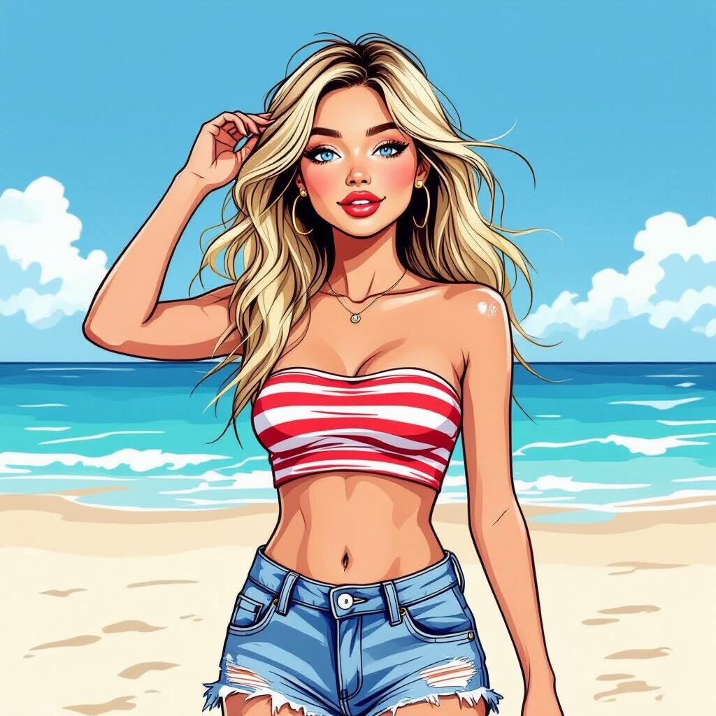 A young woman enjoys a day at the beach. She has thin lips and bright blue eyes. Long straw-blonde hair flows in the breeze. She is wearing a red-and-white striped strapless top and blue ripped denim shorts. One hand brushes hair while the other hooks into a belt loop. The background features a clear blue sky and ocean waves. The art style is semi-realistic with bold lines.