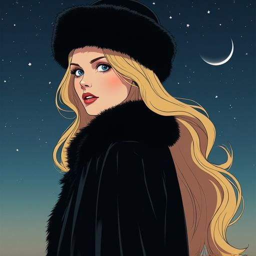 Beautiful space traveler woman with long blonde hair wearing black fur coat and hat. Features melancholic eyes in starry background. Inspired by 1970s anime.