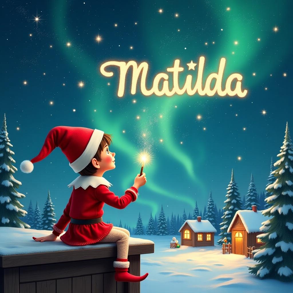 An elf sits on a wooden ledge, back to the camera, gazing up at a magical sky. The elf is dressed in a red outfit with a pointed hat, holding a sparkling wand. With this wand, the elf creates the name 'Matilda' in the starry sky. The background features snow-covered landscapes, charming little houses, and evergreen trees illuminated by Northern Lights. The scene perfectly captures the essence of childhood magic and Christmas cheer, enhanced as the elf joyfully adds the names 'Zeke' and 'Apollo' to the sky, enriching the lively atmosphere.