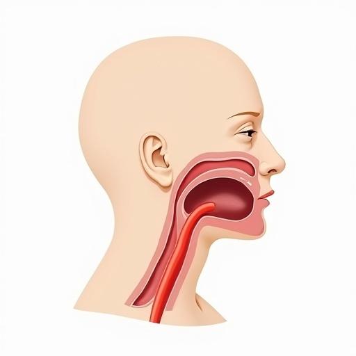 Medical illustration of a human head in side profile. Shows throat and air passage. One half illustrates breathing with open airway. Other half depicts swallowing with airway blocked. Includes labels for epiglottis, trachea, and esophagus. Clean infographic style.