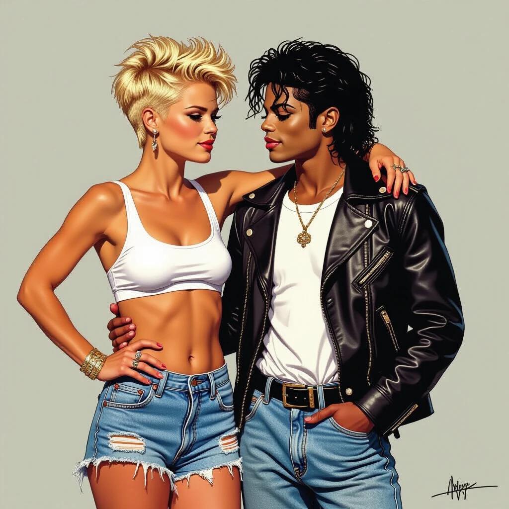 Portrait of a confident woman in a white swimsuit top and ripped denim shorts. She stands with an iconic figure dressed in black leather. Bold comic-style art with vibrant colors and strong contours. The woman has punk-styled hair. One hand on her counterpart's shoulder and the other on her hip. Defiant gaze emphasizes her attitude.