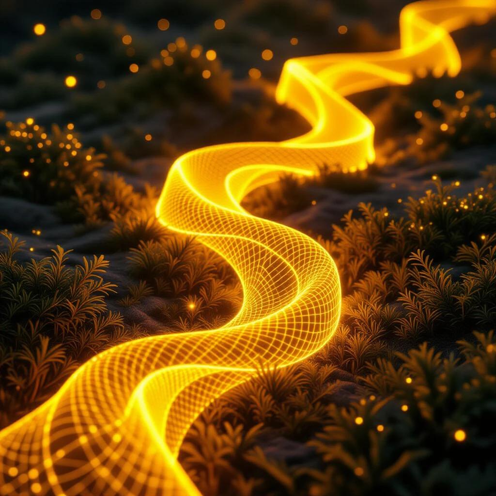 Glowing yellow thread appears in a mystical landscape. The thread flows gracefully through green foliage. Surrounding the thread are soft glowing lights. The scene captures the blend of reality and illusion.