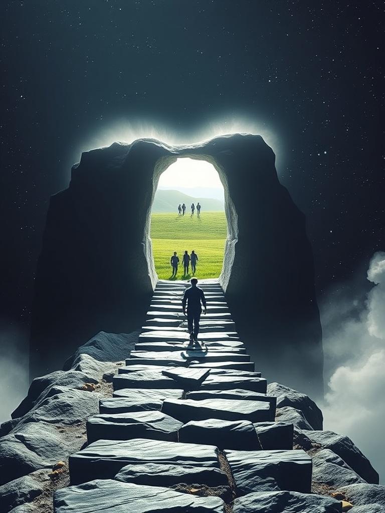 This image depicts a stone pathway leading through a massive rocky archway, opening into a bright and serene landscape beyond. The scene is dramatic, with a lone figure walking towards a luminescent green field where groups of people are visible in the distance. The contrast between the dark, starry sky and the illuminated landscape creates a sense of mystery and curiosity, as if entering a new world.