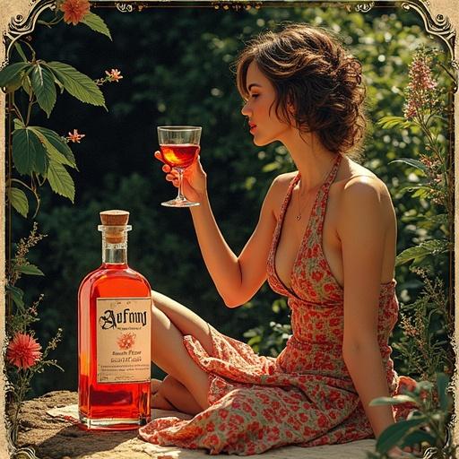 Stylized advertisement depicting a 1920s speakeasy. A voluptuous goddess in a flowing silk dress enjoys a relaxing meditation session. Toasting with a glass of shimmering herbal liqueur. Surroundings filled with wildflowers and lush greenery. An apothecary-style bottle prominently displayed.