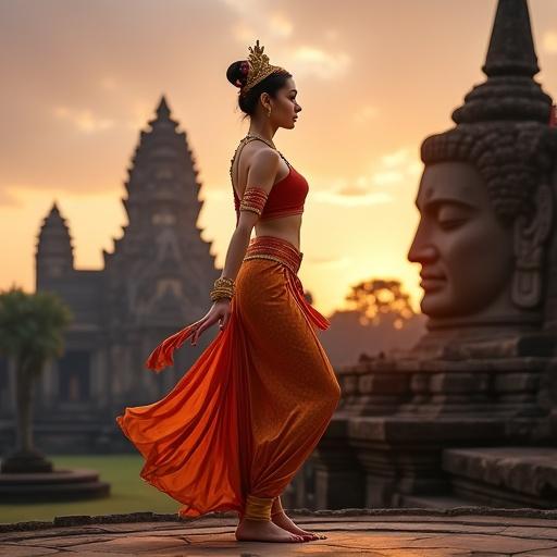 Traditional Cambodian dancer in a historic setting. Dancer wears Apsara costume with intricate details. Background includes Angkor Wat and Bayon Temple. Sky features warm sunset colors. National flag displayed. Modern building visible in the distance.