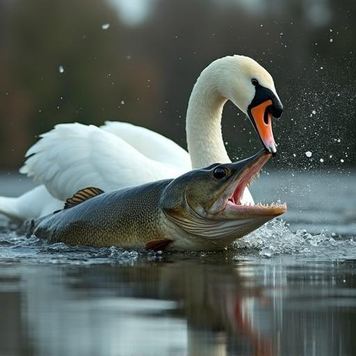 Dramatic scene depicting a pike attacking a swan in a lake.