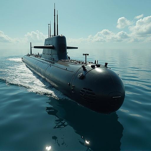 Futuristic submarine in katana ram style. Submarine gliding through calm ocean waters. Clear blue sky with fluffy clouds in the background. Attention to detail on submarine features. Floating peacefully with a sleek design.