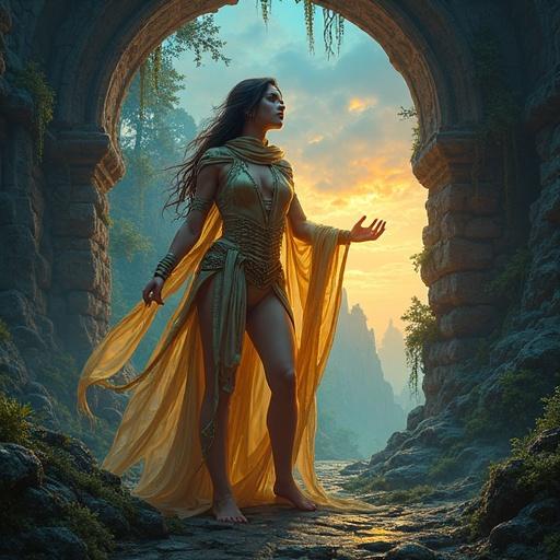 A breathtaking fantasy scene in the Emerald Verge, an elven forest at twilight. A fierce young woman stands prominently, glowing with magic. She holds an ancient scroll with ethereal images. The background features mossy ruins and rolling hills under a vibrant twilight sky.