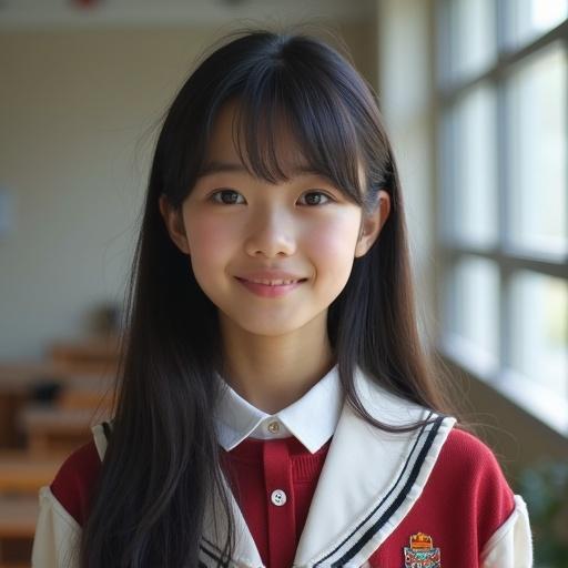 Japanese high school girl smiles while in school setting.