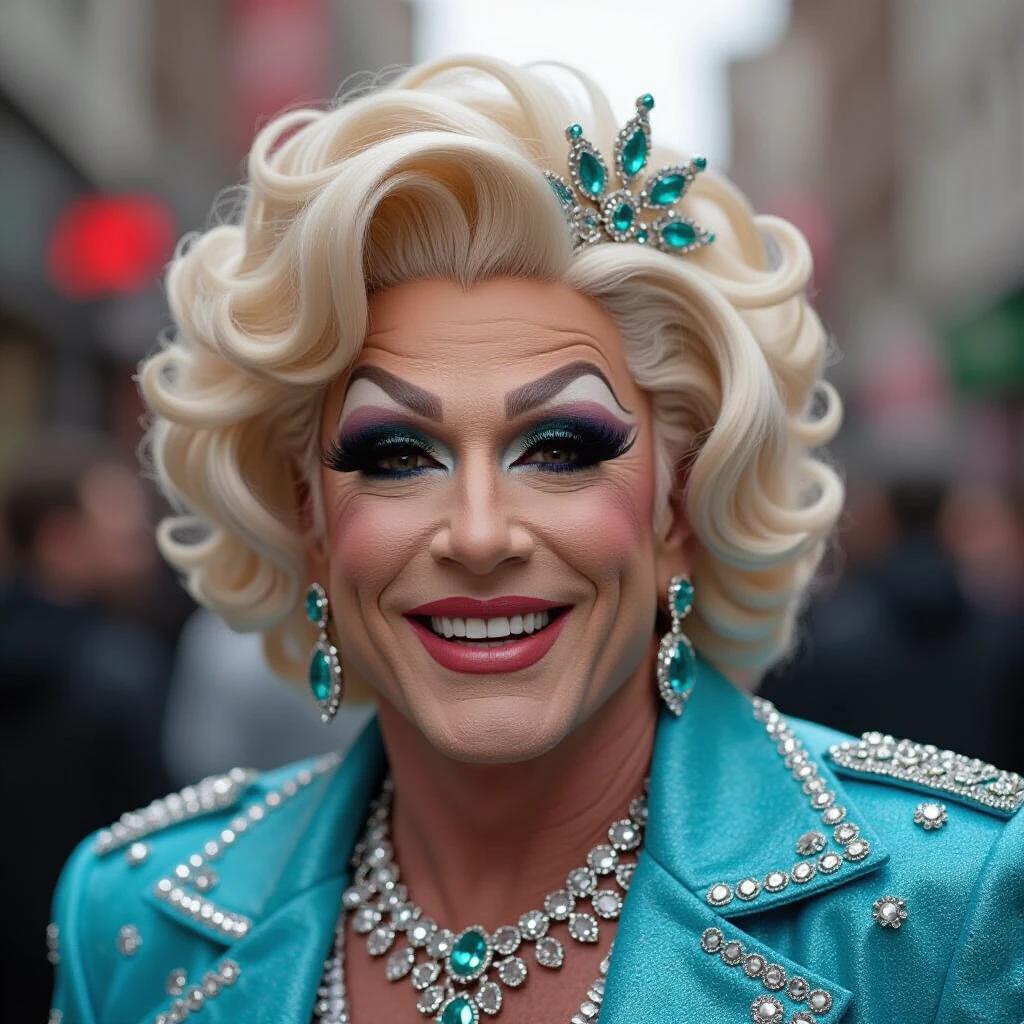 Detailed close-up shot of a stylish drag queen showcasing stunning hair and elegant attire. The outfit is turquoise with silver embellishments. This fashion-forward look includes impressive accessories matching the overall aesthetic.