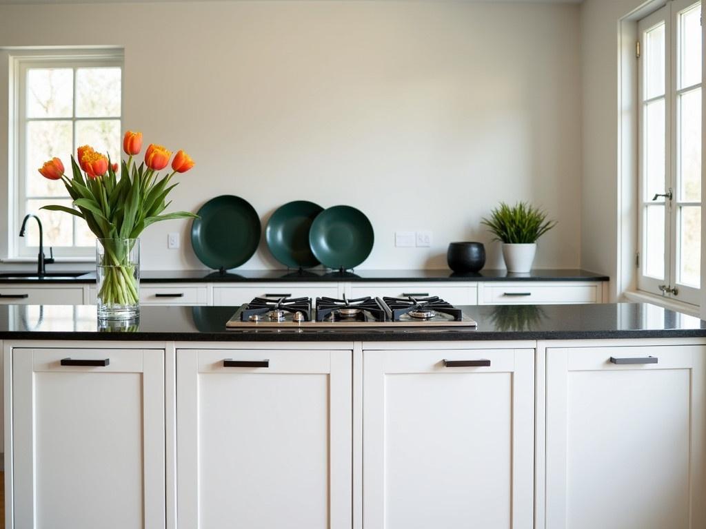 The image shows a modern kitchen with a clean and sleek design. The cabinetry is white with stainless steel hardware, creating a bright and inviting ambiance. A large kitchen island with a black countertop takes center stage, equipped with a gas stove. A vase filled with vibrant orange tulips adds a splash of color on the island. On the back wall, there are decorative items including two round, dark green objects that add a unique touch to the decor. Natural light streams in through a nearby window, illuminating the space beautifully.