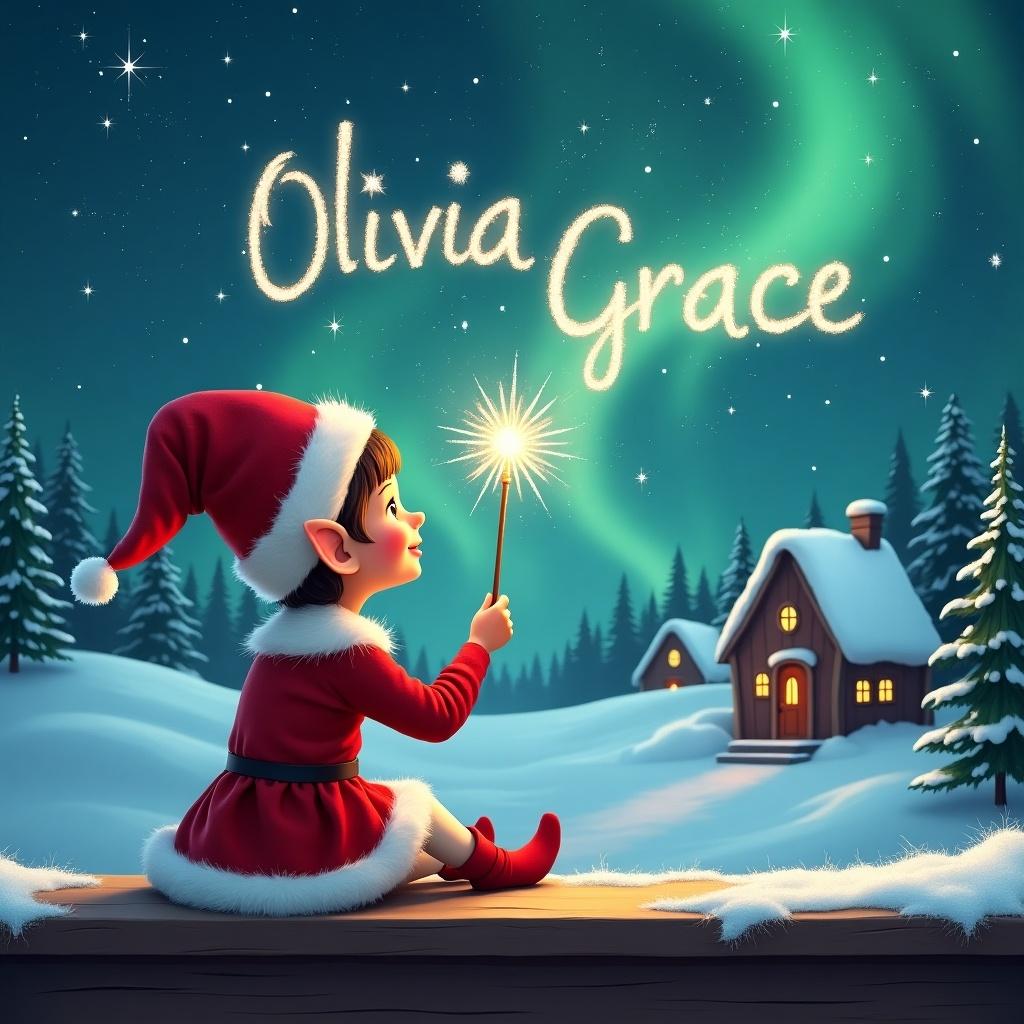 A girl elf sits on a wooden ledge with her back to the camera, gazing at a magical sky. The elf is dressed in a red outfit with a pointed hat and a white skirt and holds a sparkling wand. With the wand, she elegantly writes the names 'Olivia Grace' in the starry sky. The background features a snowy landscape with charming little houses and evergreen trees under the shimmering Northern Lights. This whimsical scene captures the essence of childhood magic and Christmas cheer.