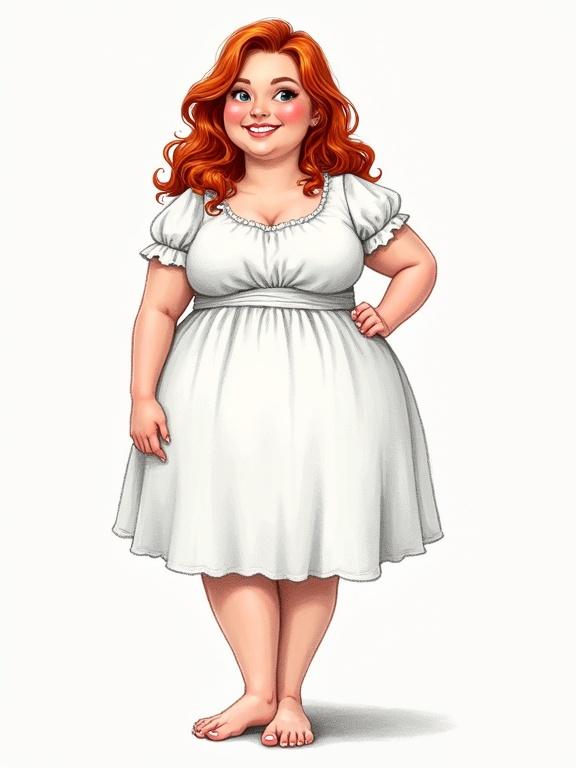 Pencil illustration of a young woman. She has a round face and red hair. She wears a pretty white dress. The pose is playful and she has a happy smile.