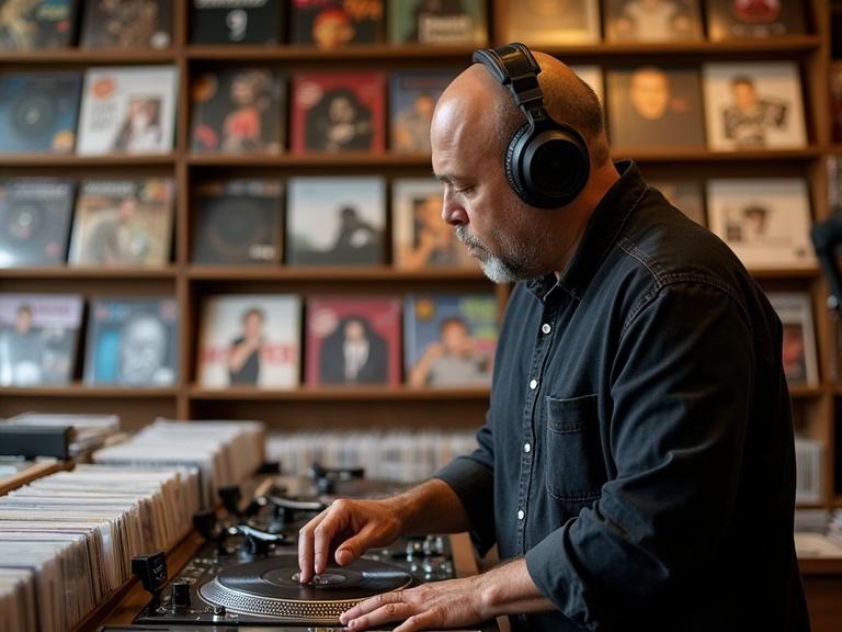 A DJ using turntables in a record store. Headphones on. Surrounded by vinyl records. Enjoying music