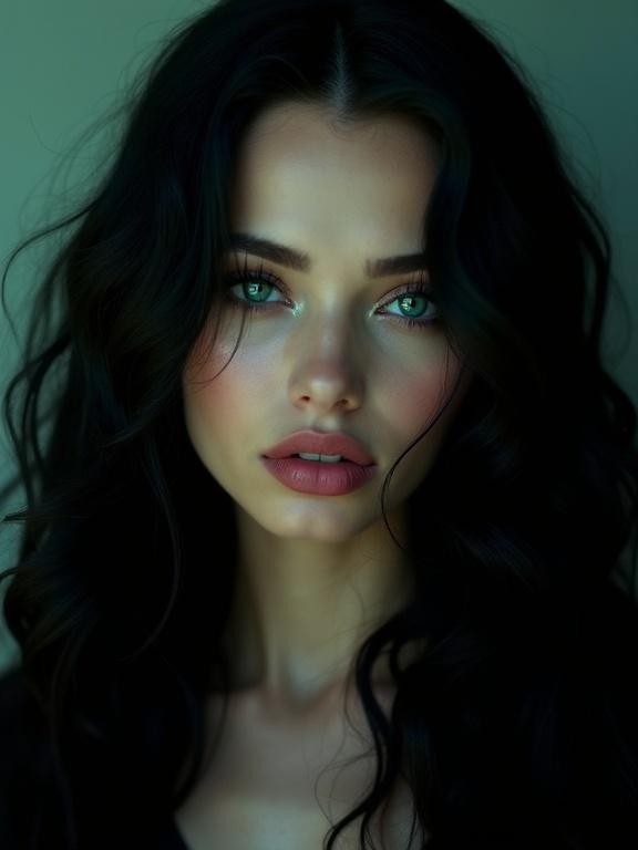 An intimate gothic portrait of a woman with long black hair styled in big waves. She has intense dark teal eyes and plump lips.