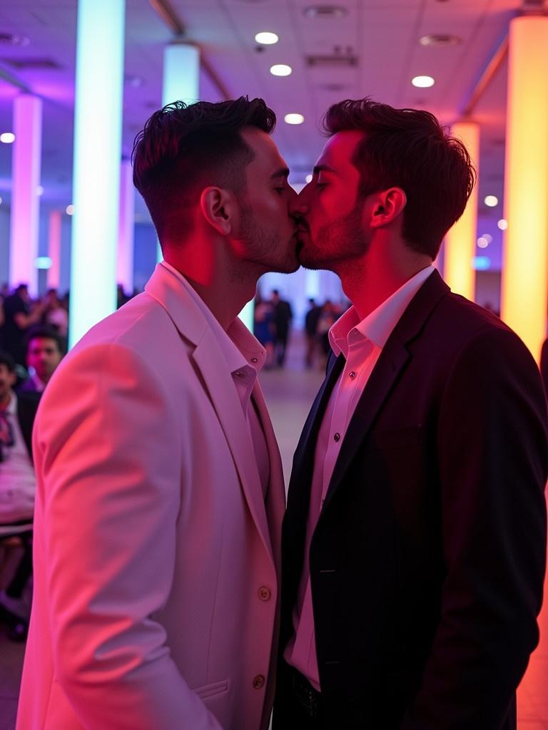 Two male models kiss under colorful lights. Models stand closely together sharing an intimate moment. One model wears a white suit. The other model wears a black blazer. Event space has contemporary lighting architecture. Background is vibrant. Photograph captures love and connection.