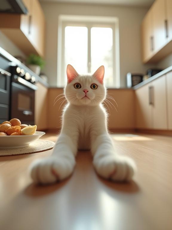 POV shot through a cat's eyes. Cat's front paws prominently visible in the foreground. Clean kitchen countertop with realistic appliances. Breakfast table with dishes. Cat explores and sniffs with curiosity. Soft warm lighting. Photorealistic 3D render.