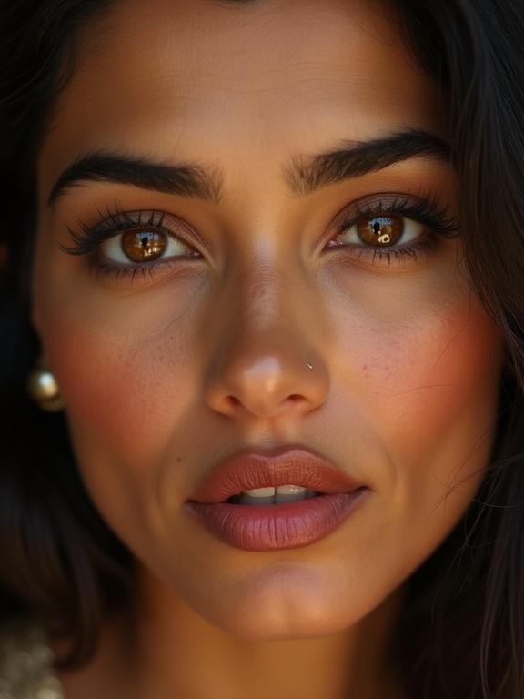 Close-up portrait features a mature Indian woman. She has deep-set, almond-shaped brown eyes with flecks of gold. There are thick, curled eyelashes and naturally arched brows. Eyelids are slightly lowered for a soft look. Skin tone is warm and golden wheatish. She has sculpted high cheekbones, a defined jawline, and a full maroon lip. Her cheeks have a soft blush, and there is a natural texture to her skin.