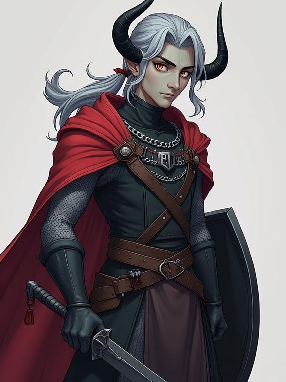 Tall male tiefling with ash-gray skin amber eyes silver hair black horns wearing chainmail and cloak holding a longsword and shield in a high-detail cinematic style