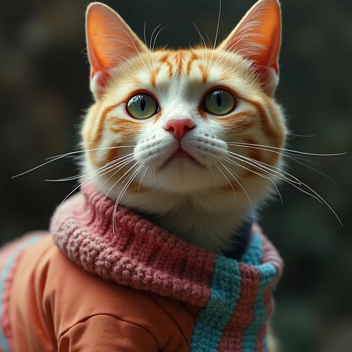 Colorful cinematic style cat. Stylish cat wearing a colorful outfit. Background blurred for focus on the cat.