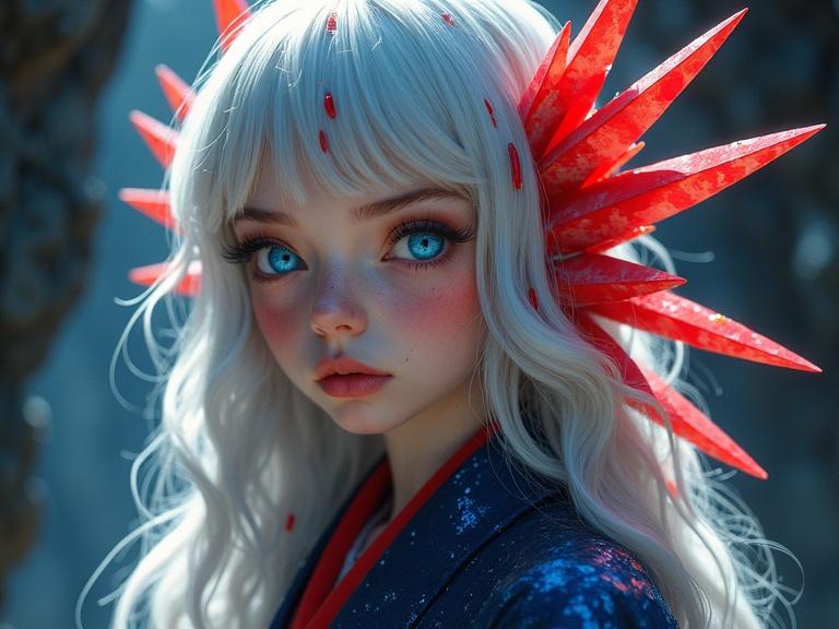 Bright surrealism art features a close portrait of a young female. She has vivid blue eyes and long wavy silver hair with red stripes. Pale skin shows patches of red crystals resembling blades. Wearing a navy granite kimono, she stands in a shining cave with bold colors and gradients.