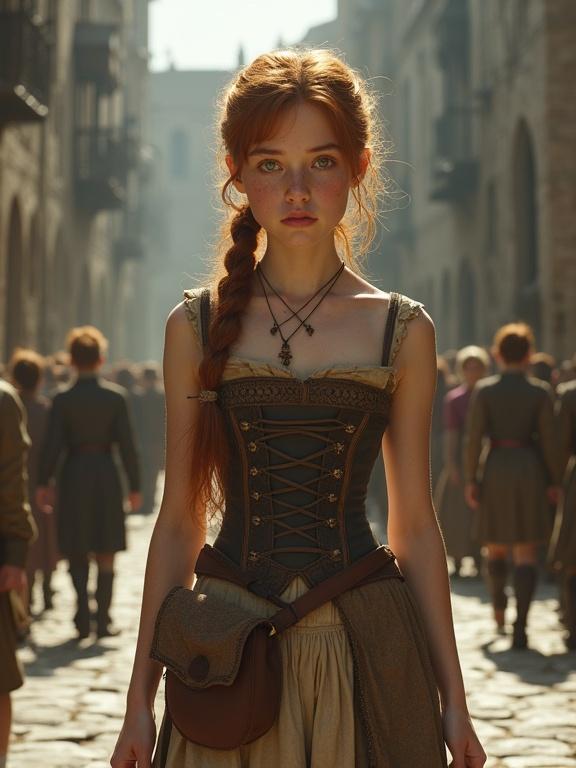 A photorealistic image depicting a teenage girl in a medieval setting. She has auburn hair styled in a ponytail. The girl is dressed in a sleeveless corset dress and a satchel. She walks through a cobbled street filled with people.