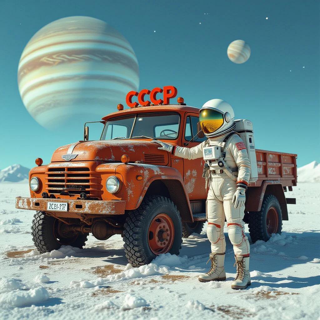 Soviet ZIL-157 truck on Europa moon. An astronaut in a vintage spacesuit with CCCP letters on the truck. Jupiter visible in the background. Frozen mud crystals scattered around. Detailed depiction of cosmic environment.