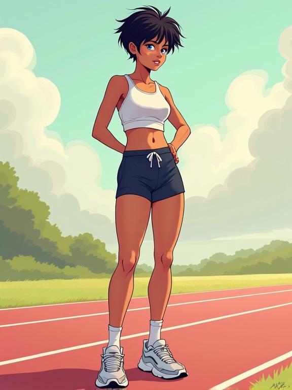 Full body portrait of a teenage girl with tanned skin, short black messy pixie hair, wearing an athletic outfit on a running track. The girl has blue eyes and is in an athletic stance with oversized sneakers. Background features a running track with greenery.