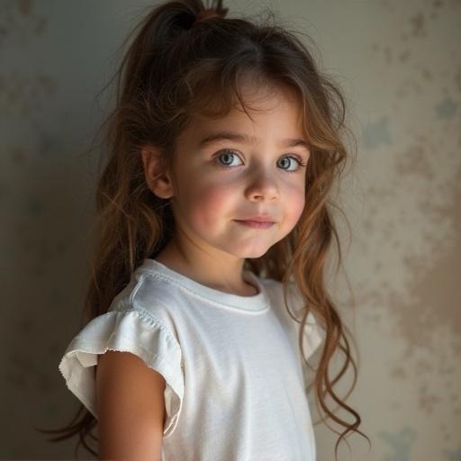 A young girl about 10 years old with blue eyes and wavy hair wearing a white shirt and blue jeans