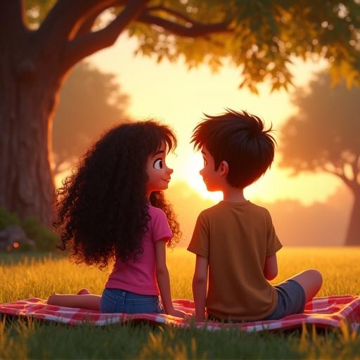 HD animation featuring two children, a girl and a boy, sitting on a picnic blanket under an oak tree. The girl has long curly black hair wearing a pink shirt and blue shorts. The boy has messy black hair in a brown shirt and gray shorts. They smile at each other during sunset.