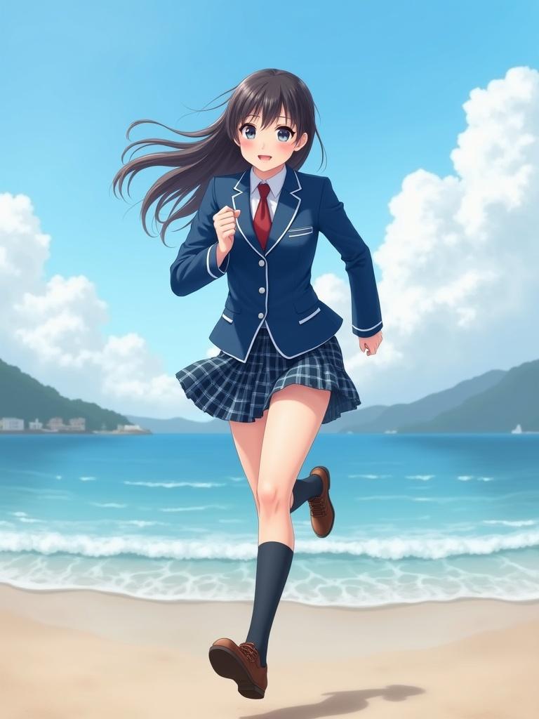 Japanese girl in blue student uniform is running on the beach. The scene is lively with a sunny background and ocean waves.