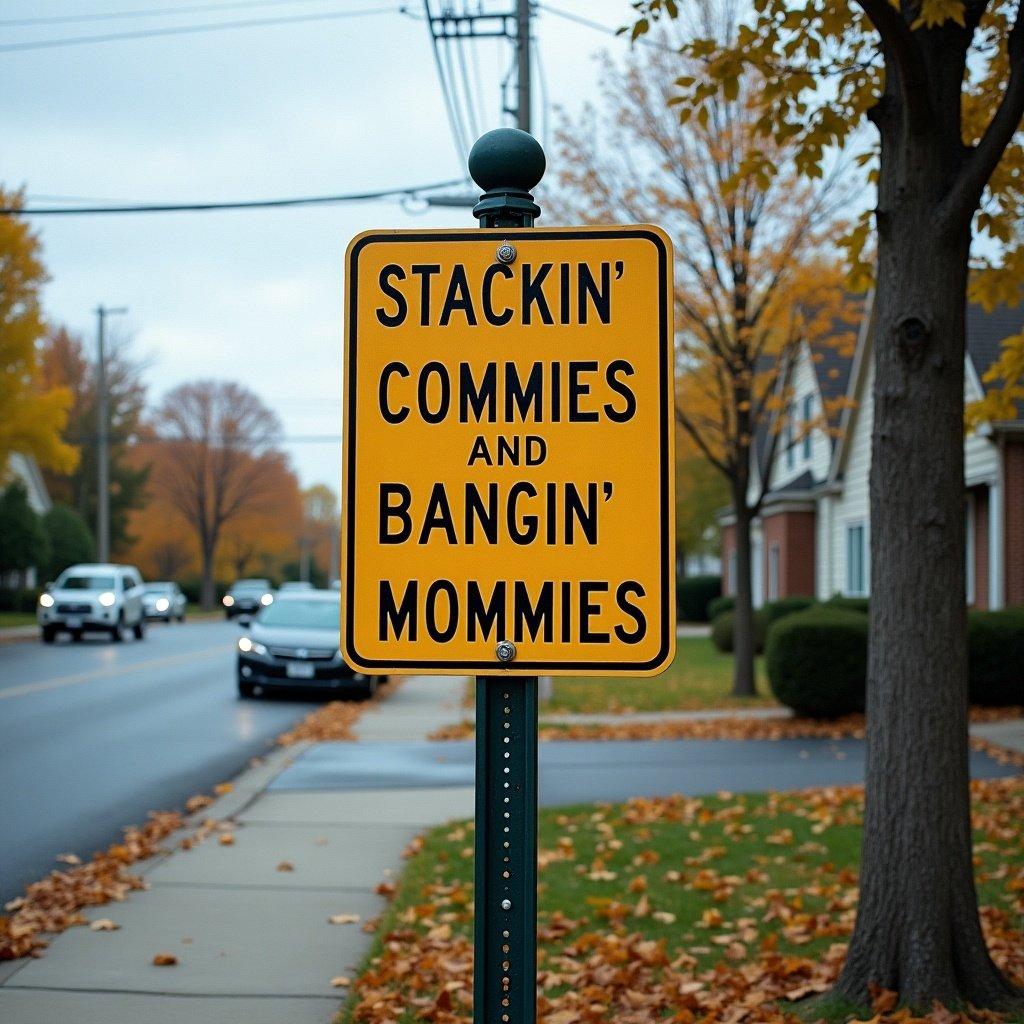 A suburb neighborhood sign displays a humorous phrase about politics and relationships. The sign is prominently placed on a green pole. Autumn leaves are scattered on the ground.