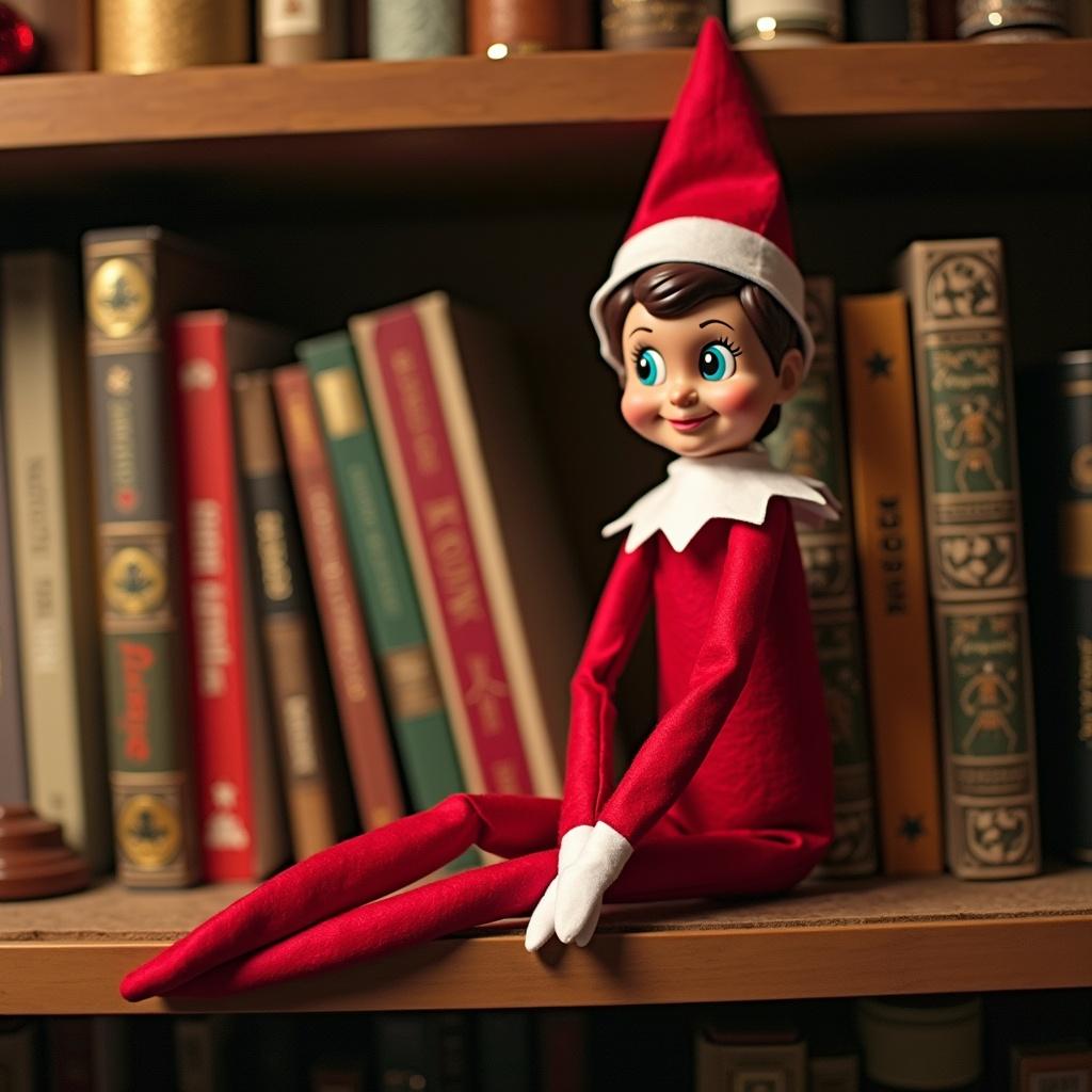 The image features a whimsical Elf on the Shelf named Jameson sitting on a wooden bookshelf. The elf wears a classic red outfit with a white collar, showcasing vibrant colors. Surrounding Jameson are a variety of books, adding a warm and cozy feel to the scene. Soft, warm lighting illuminates the elf, enhancing the holiday atmosphere. This elf evokes a sense of joy and playfulness associated with Christmas traditions.