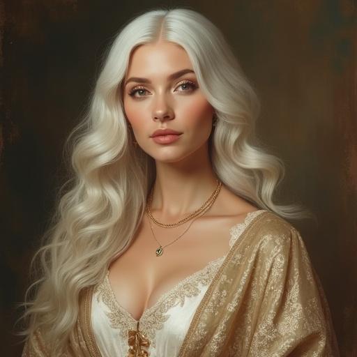 Full-body portrait of a beautiful mature woman with long white hair styled elegantly. She has a glamorous figure and dignified features. Wearing a stylish outfit suitable for going out. Expression is serene and graceful. The background is soft and blurred.