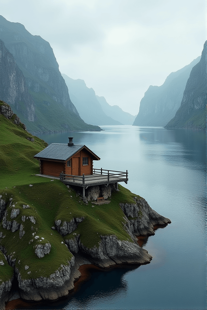 A wooden cabin perched on a green, rocky promontory overlooks a serene fjord flanked by steep mountains.