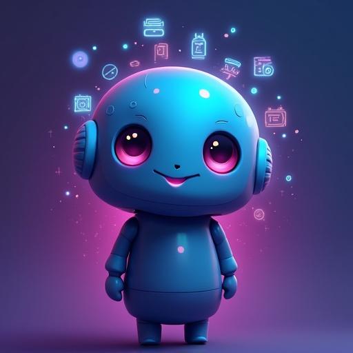 Futuristic cute AI mascot is a small round creature. It features tech device icons on its head. The colors transition from cyan to violet. Digital art is clean and minimalist. The background is flat and simple.
