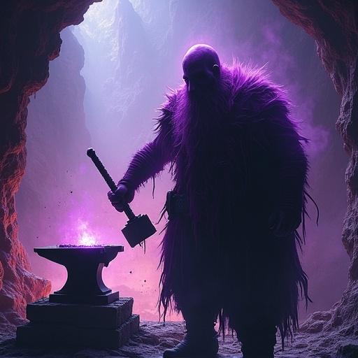 Double exposure silhouette of a malevolent dwarven artificer in darkforge caves. Holds a hammer near an anvil. Twisted form surrounded by a purple aura. Mutters while shaping steel into evil creations. Chuckles ominously.