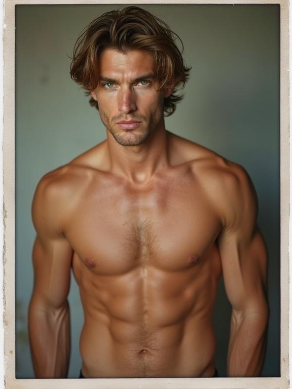 A muscular man with light brown hair poses seriously for a total body photo. The photo has a polaroid style. The focus is on the upper body muscles.