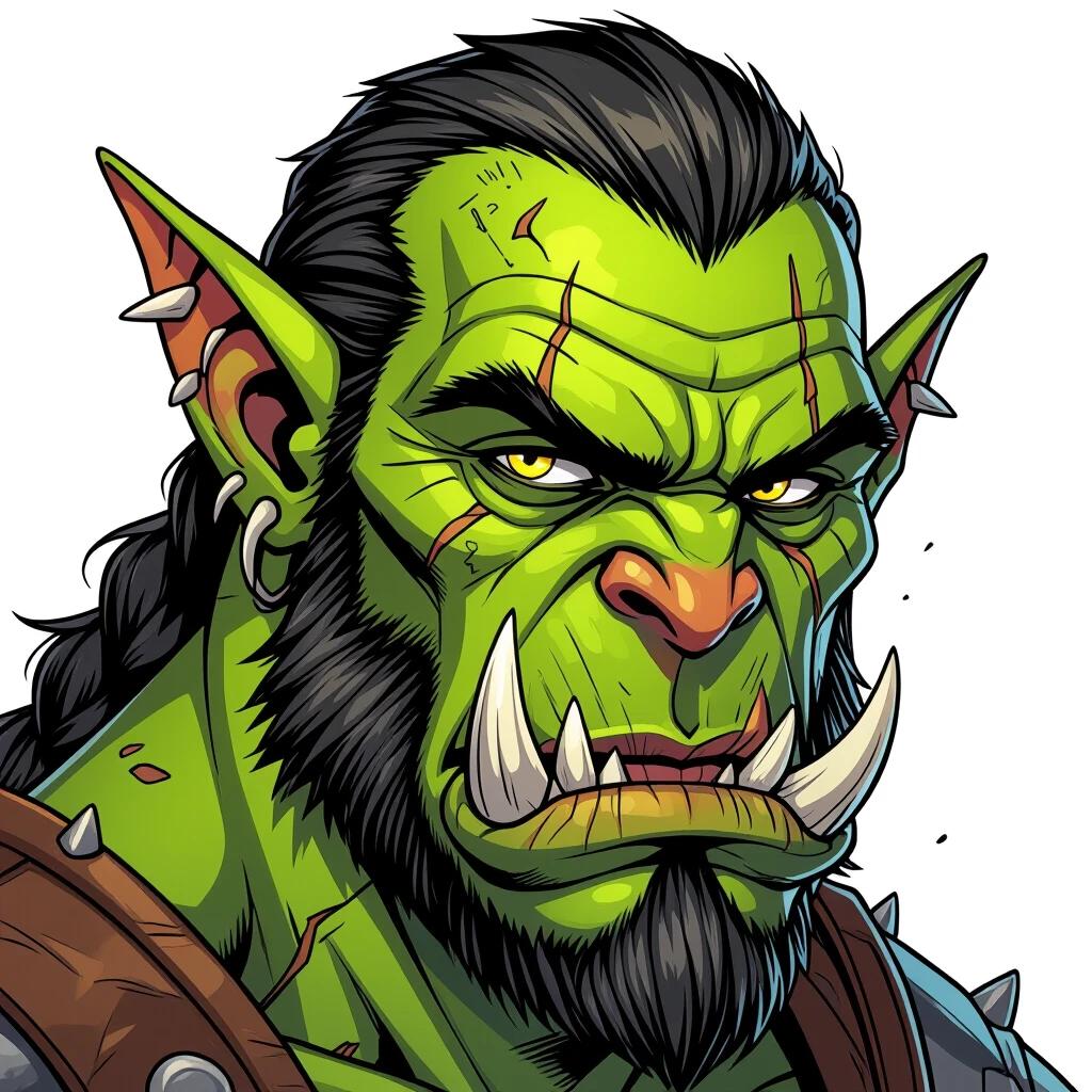 Ultra detailed portrait of a male orc with green skin and yellow eyes. Character features side tusks and a closed mouth. Depicted in comic book style with sharp lines and cell shading.