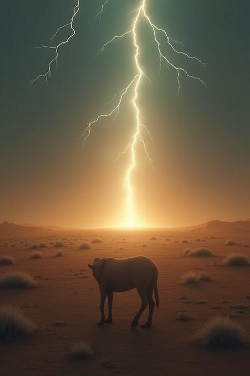 Vast arid landscape with lightning in the sky. Bright light in the foreground with a shadowy four-legged creature. Scene nearing dawn.