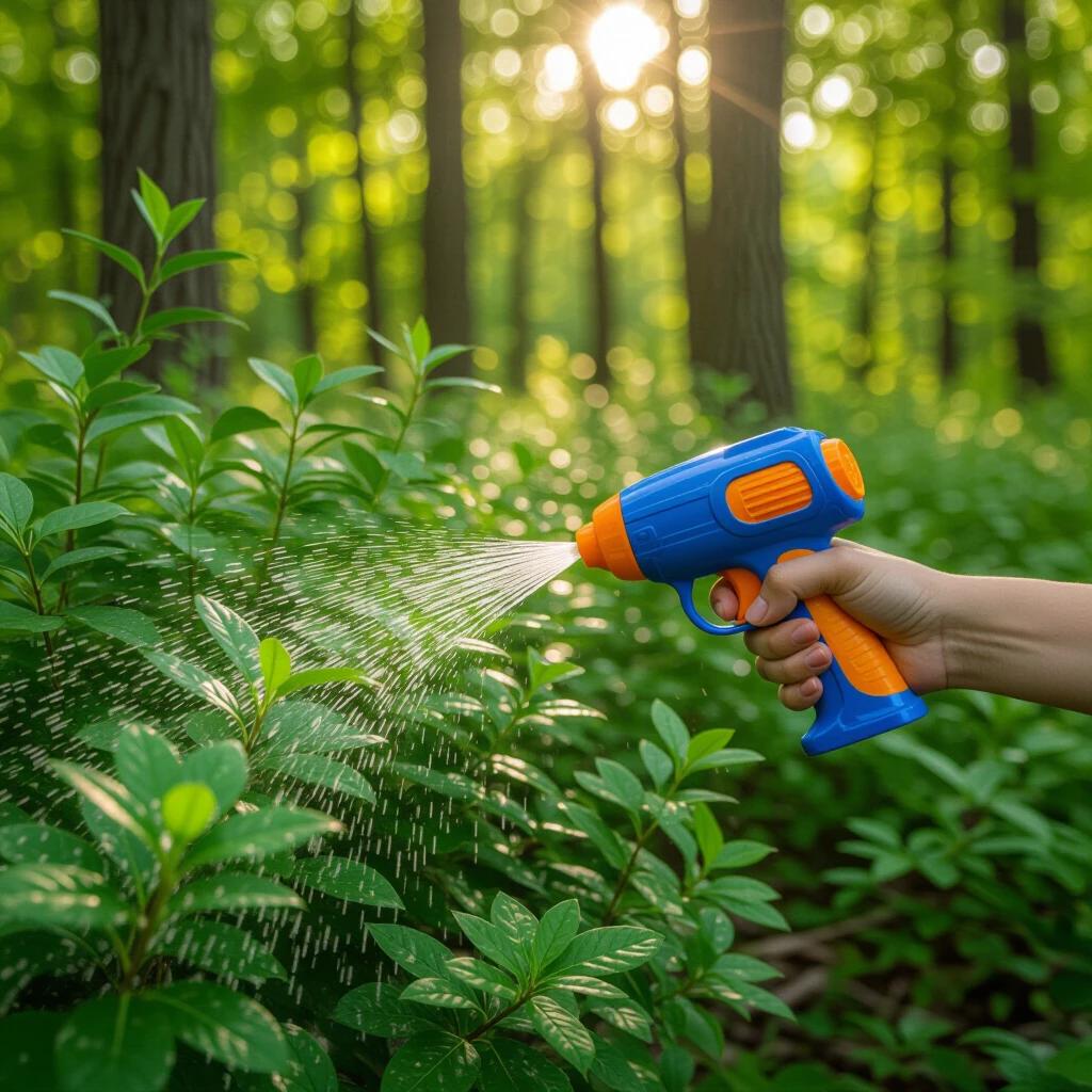 A hand holds a colorful squirt gun. The gun sprays water onto a bush. The background has trees with green leaves. Sunlight shines through the trees. The focus is on the spray of water.