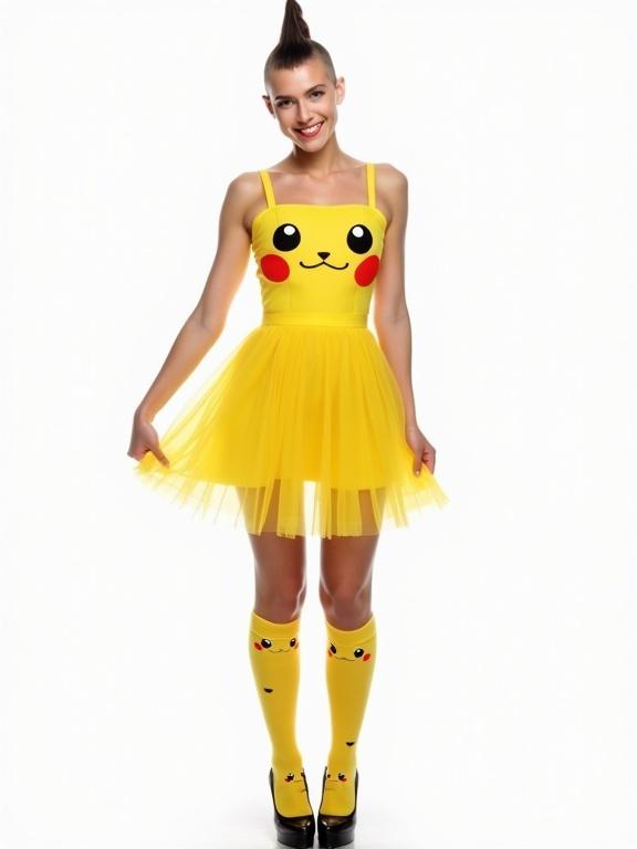 Photograph showcases a woman in a yellow Pikachu-themed dress and socks. Dress features a Pikachu face, sheer pleated skirt. Woman has a mohawk hairstyle and smiles at the camera while holding the skirt. Background is white and minimalistic. Light is even and artificial with sharp details and vibrant colors. Symmetry in design and confident pose visible.