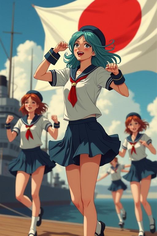 Image depicting dancers on the deck of a Japanese frigate. Characters wear sailor uniforms. Large Japanese imperial flag in the background. Bright sky above. Characters express joy and movement.