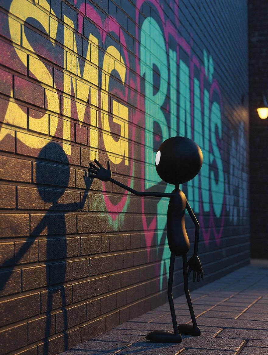 Miniature stickman figure reaches towards distorted shadow on brick wall. Scene features glowing graffiti. Dark and moody atmosphere with stylized 3D animation.