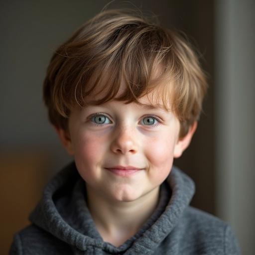 A young boy with short light brown hair. The scene has a soft background. The boy is wearing a casual hoodie. Natural light illuminates the boy's face.