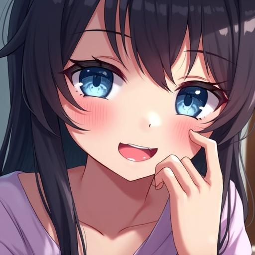 Vivid portrait of an anime girl with striking blue eyes. Soft lighting creates a warm atmosphere. Glossy lips add glamour. Features a traditional Japanese room. Subject playfully holding a peeled banana while sticking out tongue.