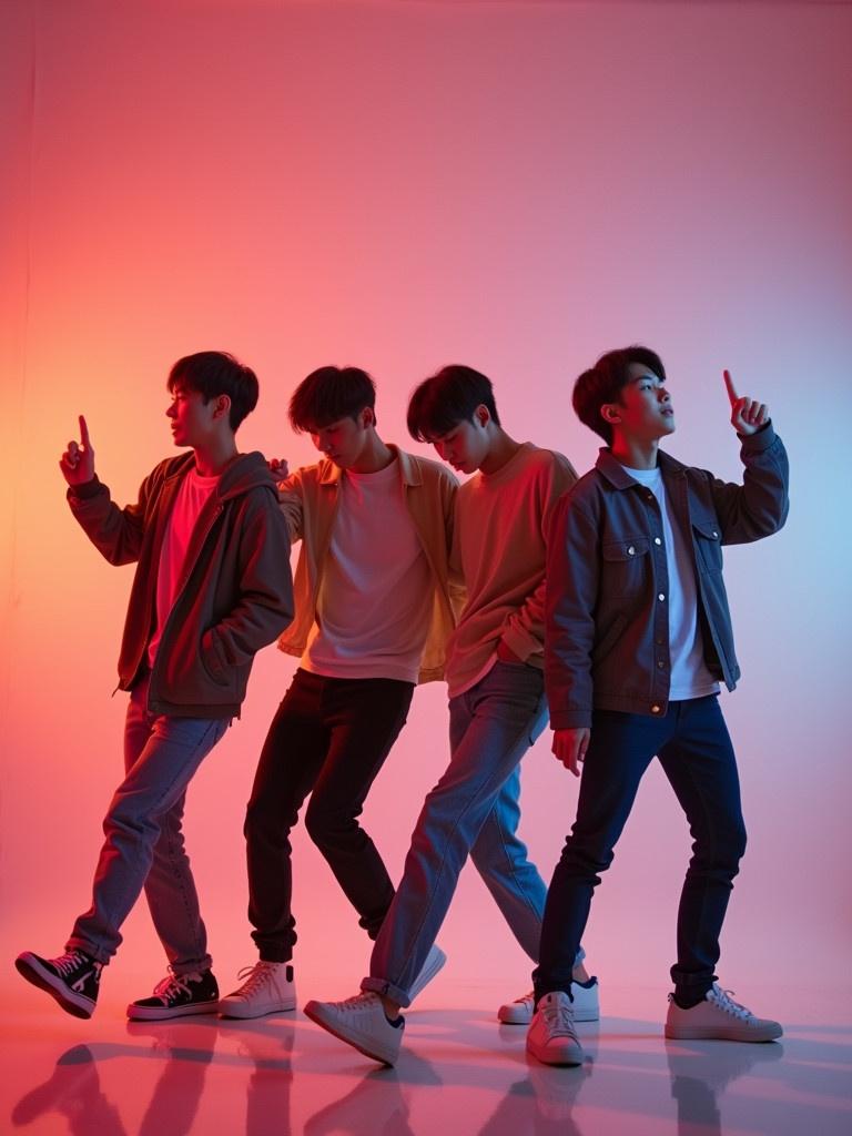 Four boys dance together expressing enthusiasm. They are dressed in stylish outfits. The setting has a modern vibe with mixture of red and blue lights.